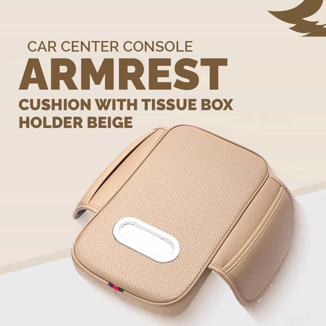 Car Center Console Armrest Cushion with Tissue Box Holder Beige