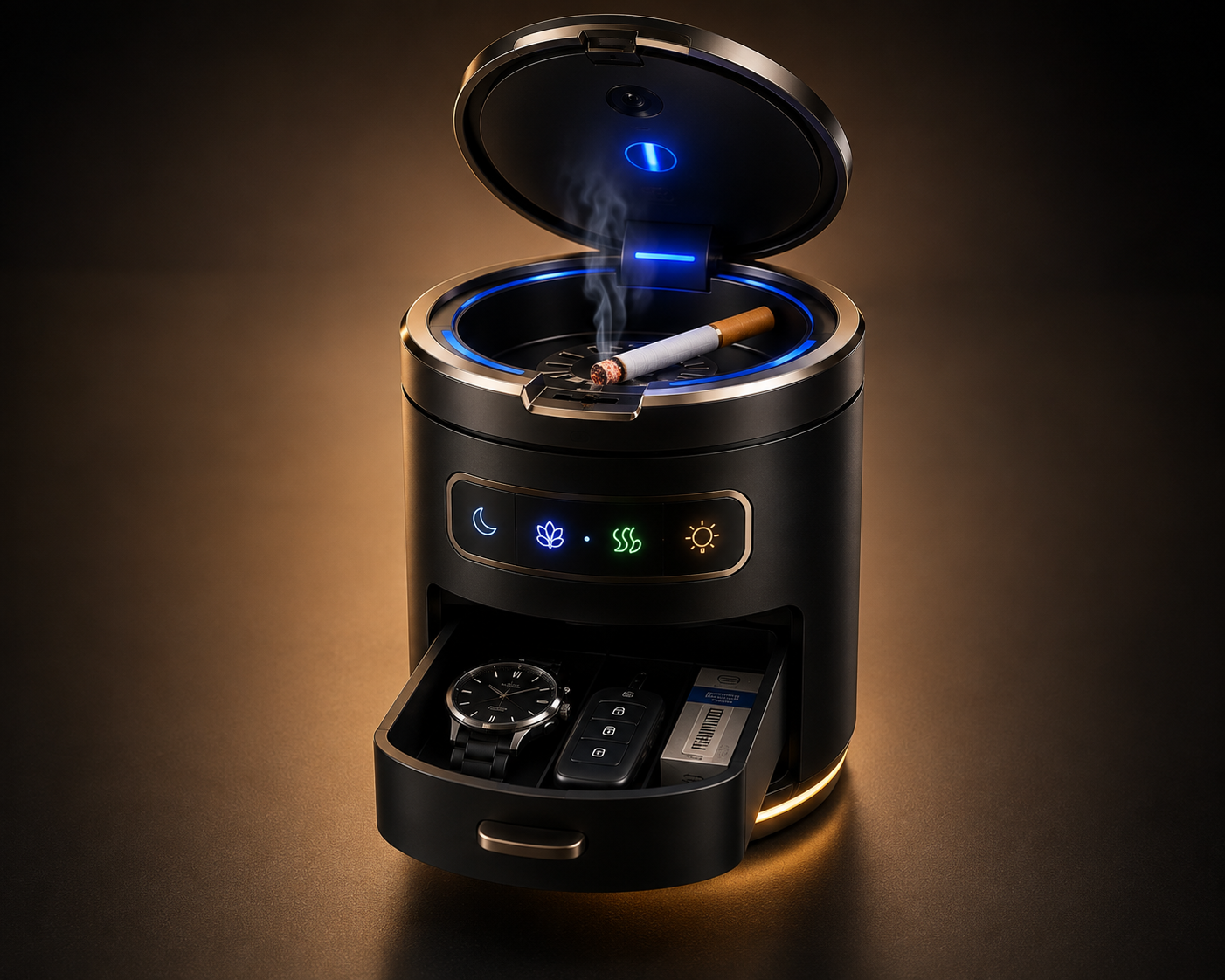 4-in-1 Smart Automatic Sensor Ashtray | Aroma Diffuser, Night Light & Hidden Organizer